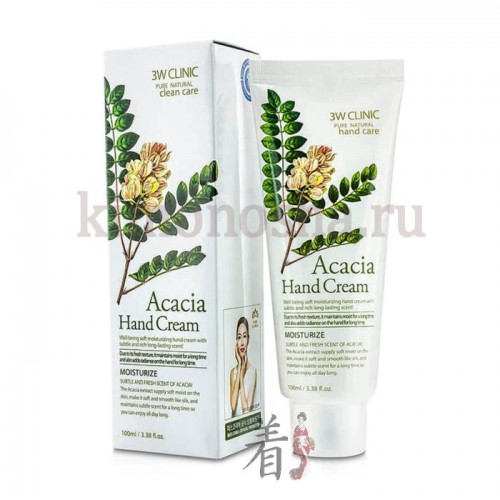 3W Clinic Moisturizing Acacia Hand Cream Крем для рук c экстрактом Акации Крем для рук с соцветиями акации, которые обладают мощными влагоудерживающими свойствами продолжительного действия. Акация - оказывает антисептическое, ранозаживляющее, противовоспалительное, обволакивающее и успокаивающее действие, что особо незаменимо для раздраженной, поврежденной кожи.