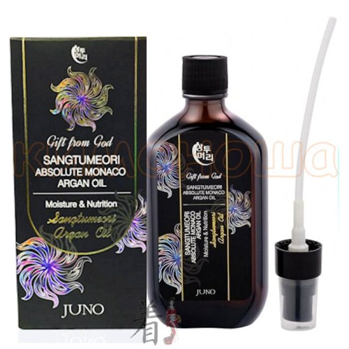 JUNO Sangtumeori Absolute Monaco Argan Oil Аргановое масло для всех типов волос, особенно для сухих, поврежденных и окрашенных Масло арганы великолепно заботится о здоровье волос. Оно интенсивно питает и увлажняет кожу головы и волосы, помогает избавиться от сухой перхоти, устраняет зуд и раздражения, укрепляет корни волос, восстанавливает структуру волос, борется с их выпадением, стимулирует рост, делает их крепкими, блестящими и шелковистыми, защищает от агрессивного воздействия ультрафиолетовых лучей, минимизирует вред при использовании фена или утюжка.