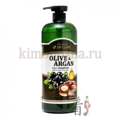 3W Clinic Olive &amp; Argan 2 in 1 Shampoo Шампунь для поврежденных волос с оливковым и аргановым маслами Шампунь для повреждённых волос с маслами арганы и оливы эффективно очищает локоны, восстанавливает их текстуру, склеивает повреждённые чешуйки, облегчает укладку и расчёсывание.