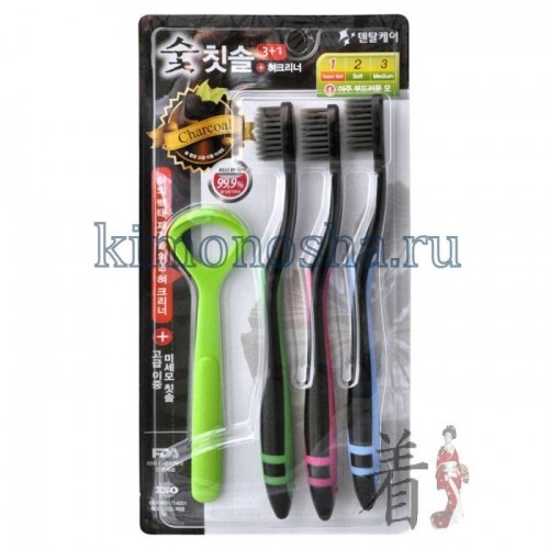 DENTAL CARE Nano Charcoal Set - Набор: Зубная щетка c древесным углем и сверхтонкой двойной щетиной (мягкой и супермягкой), 3шт + скребок для языка Древесный уголь защищает полость рта, укрепляет десны, обладает отбеливающей, антибактериальной и дезодорирующей функциями.
Щетина, производимая с добавлением древесного угля, сохраняет его действие до окончания срока годности зубной щетки.
Скребок предназначен для очищения языка от налета.