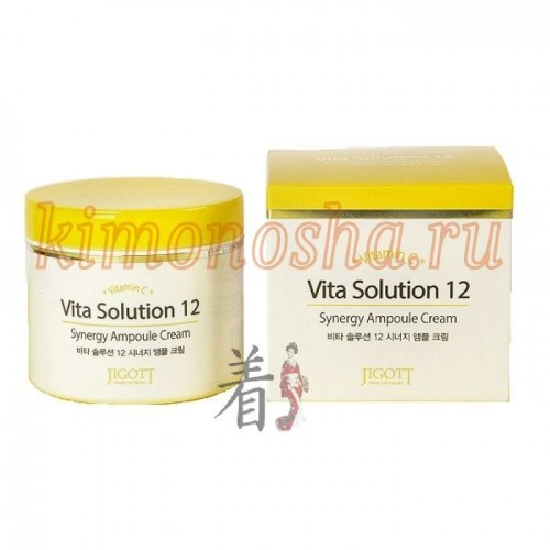 JIGOTT Vita Solution 12 Synergy Ampoule Cream Ампульный крем для лица энергитический Энергетический ампульный крем Jigott Vita Solution 12 Synergy Ampoule Cream серии Vita Solution 12 с природными источниками витамина С и экстрактов цветов жасмина, розы и камелии уменьшает следы недосыпаний, насыщает кожу энергией, поддерживает ее эластичность и упругость, обладает увлажняющим действием и делает цвет лица однородным и здоровым. Средство отлично насыщает кожу витаминами, укрепляет сосуды и улучшает кровообращение, возвращает ей естественное сияние.