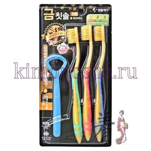 DENTAL CARE Nano Gold Toothbrush Set - Набор: Зубная щетка c наночастицами золота и сверхтонкой двойной щетиной (мягкой и супермягкой), 3 шт + скребок для языка Клиническими исследованиями доказано, что частицы нанозолота уничтожают до 99,9% всех бактерий, "сталкивающихся" со щетинками щетки, что предотвращает появление неприятного запаха изо рта.
Щетина, производимая с добавлением наночастиц золота, сохраняет его действие до окончания срока годности зубной щетки.
Скребок предназначен для очищения языка от налета.