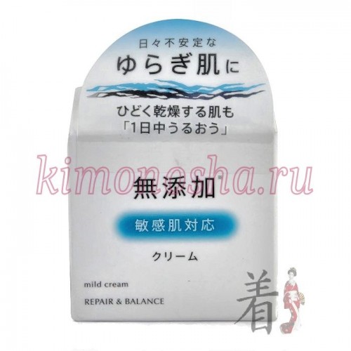 MEISHOKU REPAIR&amp;BALANCE Mild Cream Крем для чувствительной кожи лица без добавок ”ВОССТАНОВЛЕНИЕ И БАЛАНС” Крем для чувствительной кожи лица без добавок предназначен для ежедневного ухода.
Дарит увлажнение на целый день как очень сухой, так и склонной к высыпаниям коже.
Преимущества крема:
• Увлажняющие ингредиенты проникают в роговой слой эпидермиса и остаются в нем, предотвращая сухость кожи.
• Выравнивает рельеф кожи
• Создает легкую защитную пленку, препятствует воздействию внешних раздражителей и защищает чувствительную кожу, сохраняя при этом влагу.
• Комфортное использование за счет отсутствия липкости после нанесения.