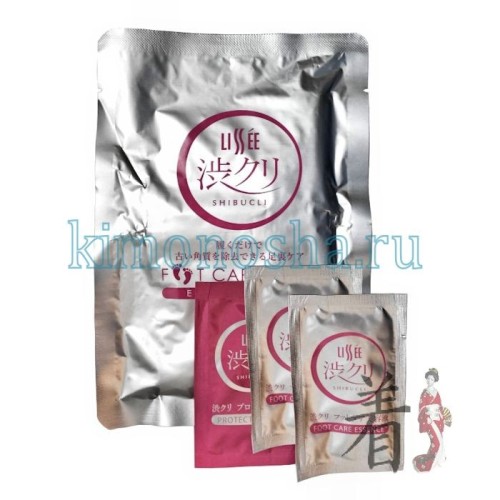 SHIBUCLI FOOT CARE SET Набор по уходу за ногами Набор предназначен для 3 - шагового ухода за роговым слоем кожи ног. Система включает защитный гель, используемый перед пилингом, пилинговые носочки и увлажняющую эссенцию.