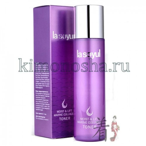 La Soyul Moist &amp; Lift Marine Collagen Toner Тоник для лица с морским коллагеном Морской коллаген обладает выраженным лифтинг эффектом, увлажняет и поддерживает высокий уровень увлажненности кожи лица на протяжении 48 часов. Низкомолекулярная гиалуроновая кислота интенсивно увлажняет и возвращает коже здоровое сияние. Тоник интенсивно увлажняет и смягчает кожу лица, восстанавливая pH баланс после умывания. Пантенол и растительные экстракты (экстракт хлопка, экстракт корня солодки, экстракт корня пиона древовидного, экстракт корня шлемника байкальского) в составе средства успокаивают чувствительную кожу, снимают покраснения.